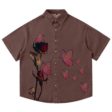 Wiaofellas  -  Harajuku Summer Short Sleeve Retro Butterfly Print Shirt for Men Lapel Cowboy Workwear Hip Hop Streetwear Loose Oversized Tees